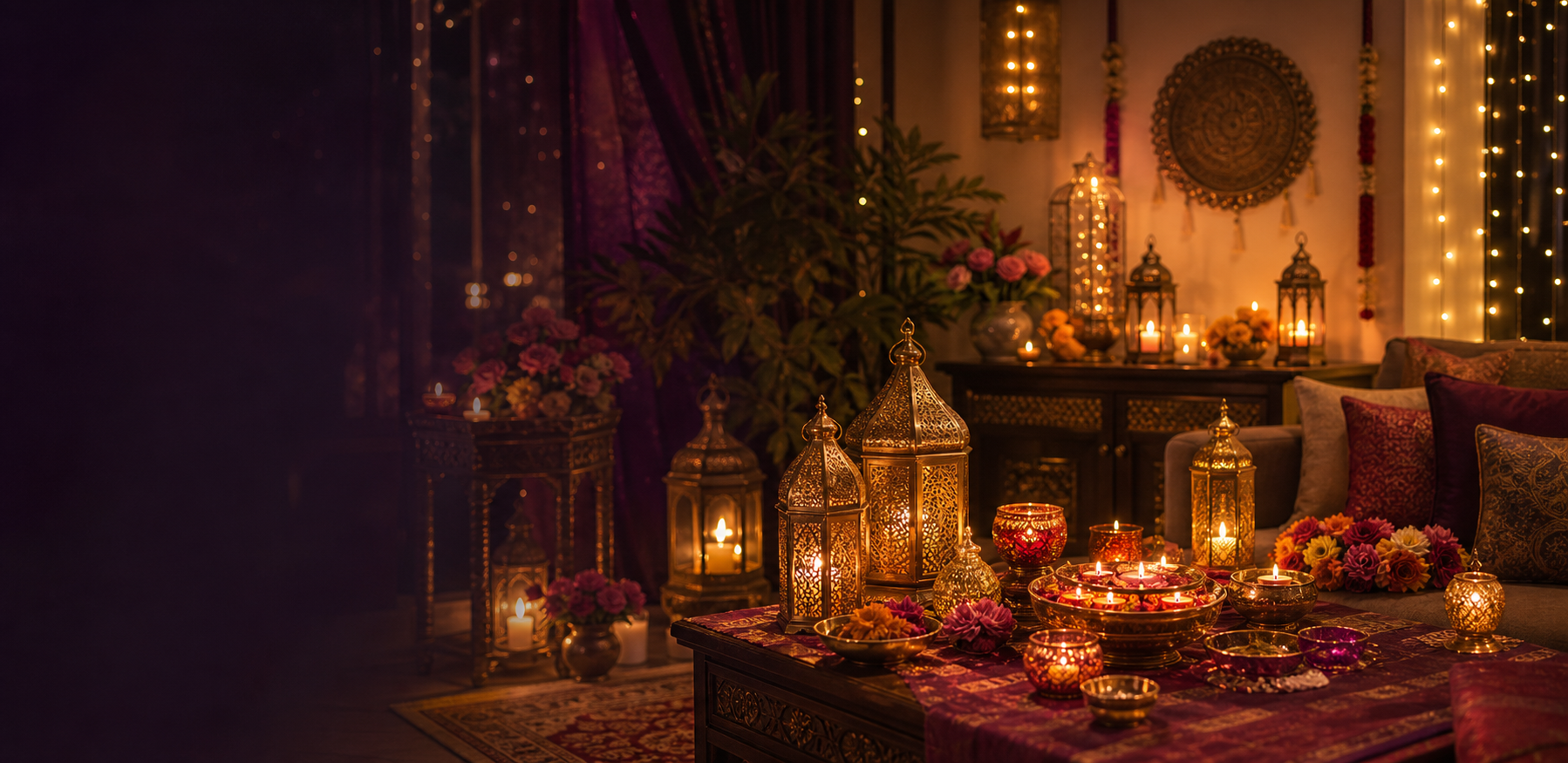 Dreamy festive decoration with candles, lanterns, flowers, and lights